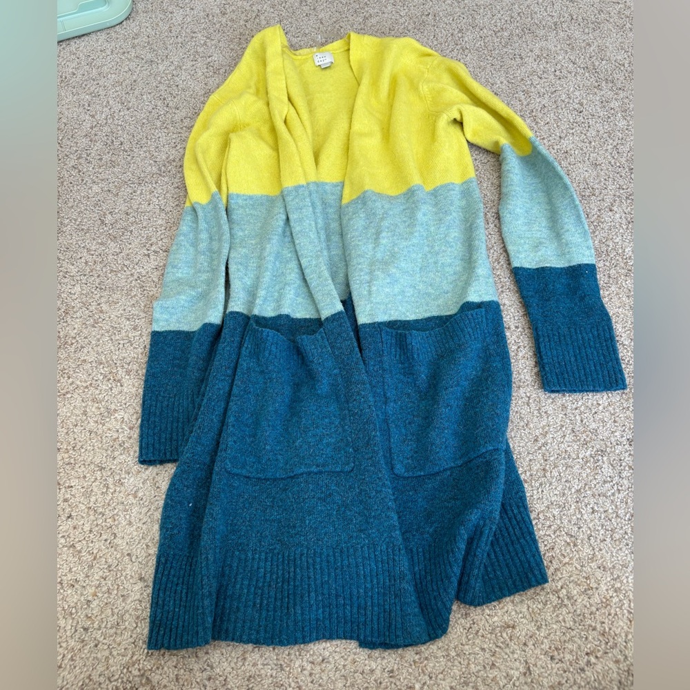 A New Day Yellow and Blue Striped Cardigan Womens Size XS